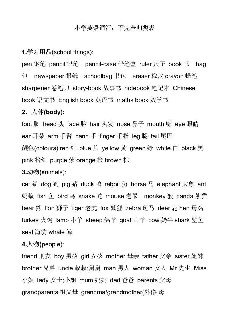 六年级英语上册  不完全词汇归类表（人教版PEP）