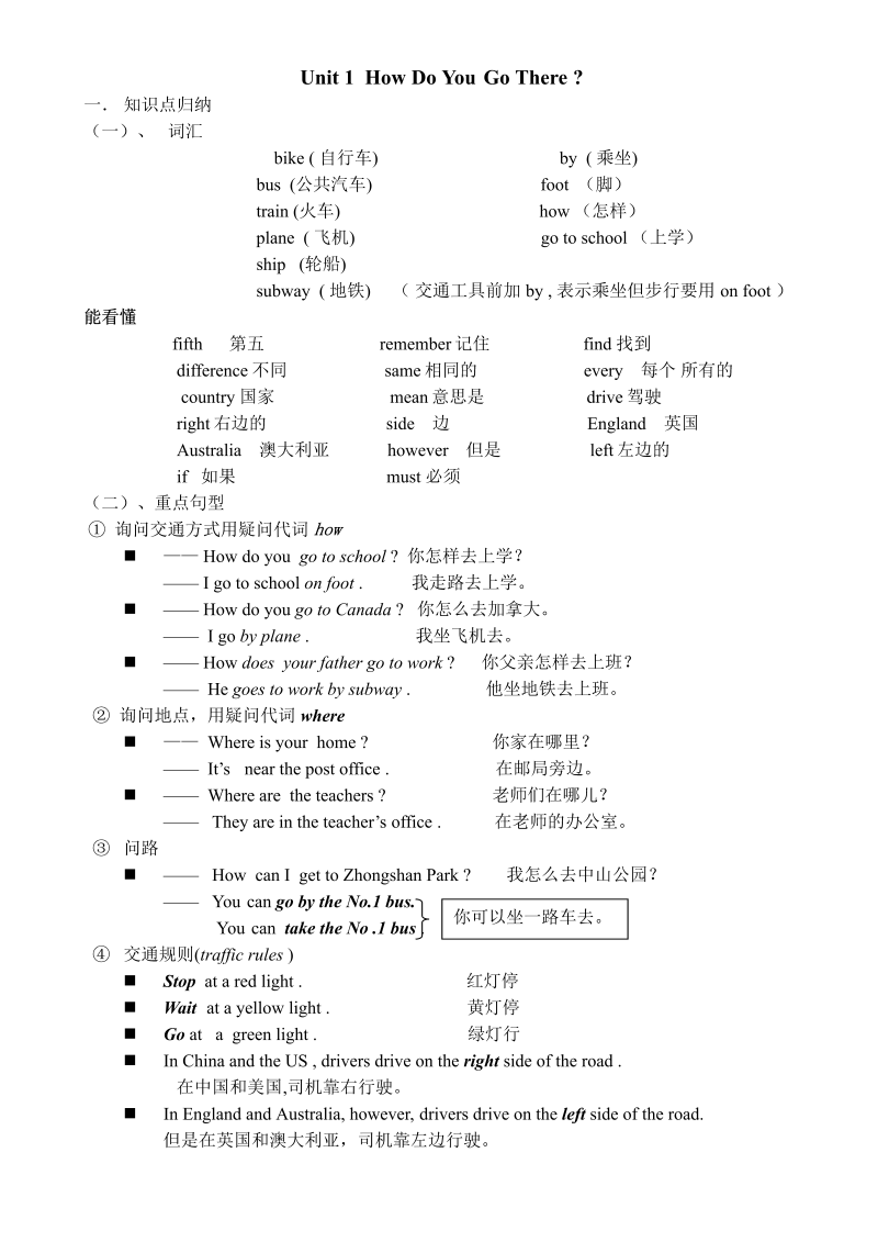 六年级英语上册  知识点单元总结（人教版PEP）