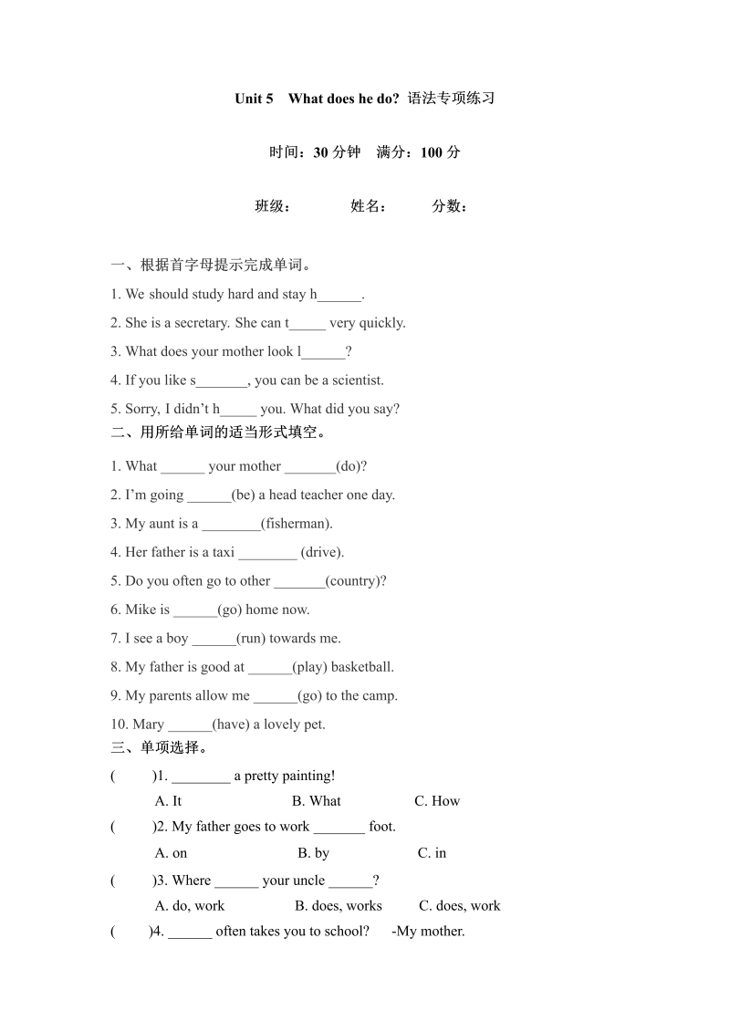 六年级英语上册  【核心语法】语法专训 Unit 5  What does he do （含答案）（人教版PEP）