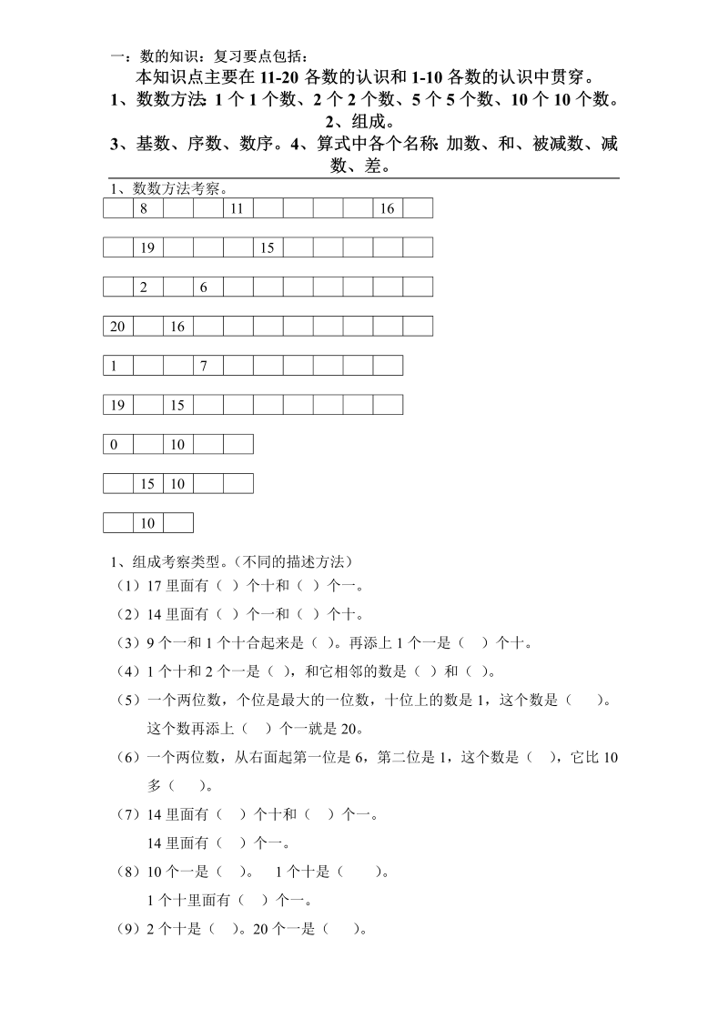 一年级数学上册  专题训练填空题（苏教版） 