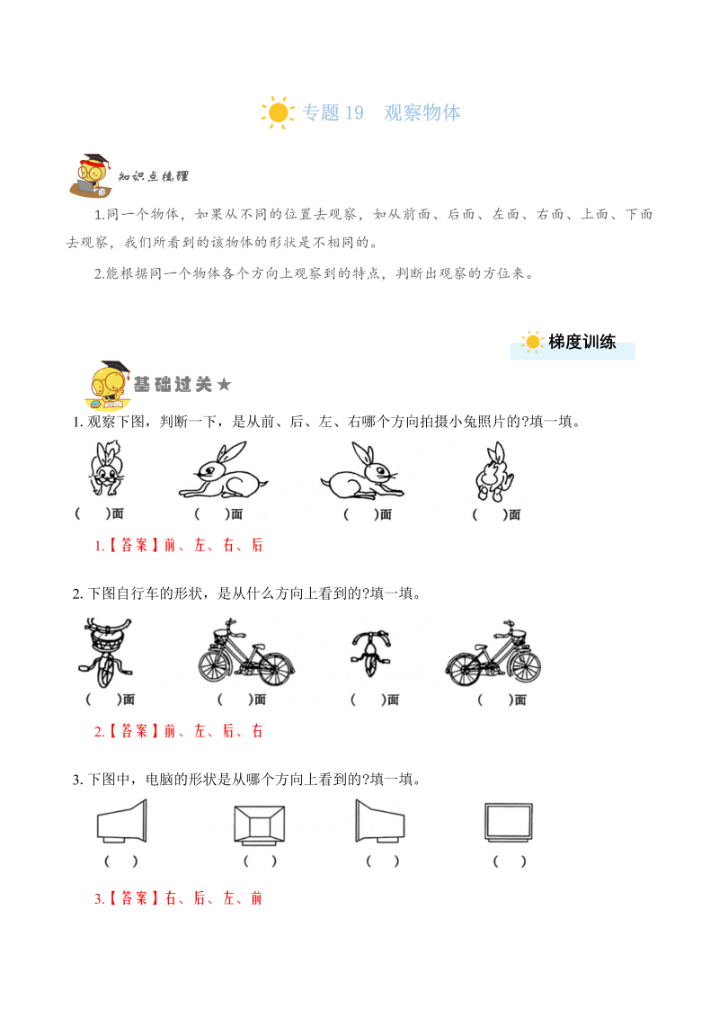 二年级数学上册    专题19  观察物体（教师版）（苏教版）