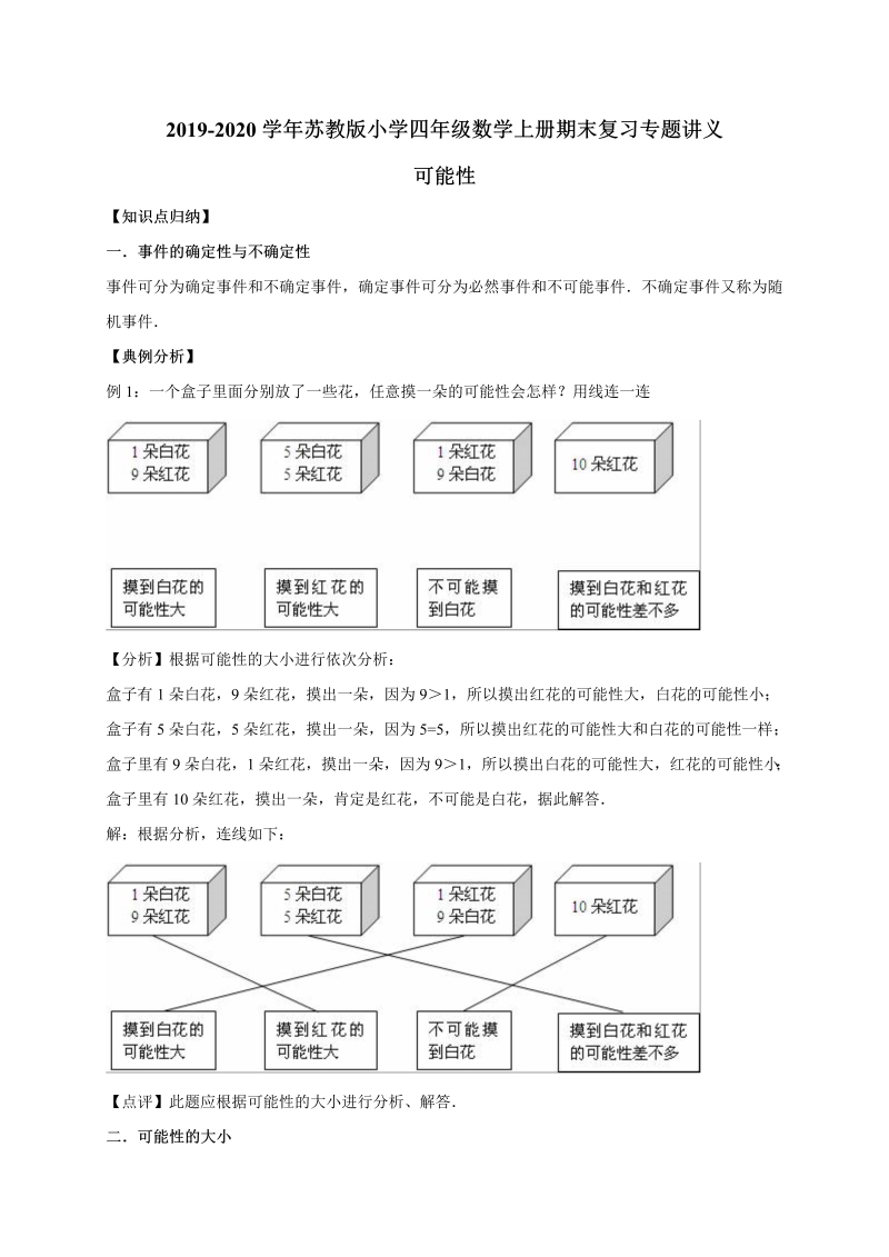 四年级数学上册  【精品原创】期末数学复习专题讲义（知识归纳+典例讲解+同步测试）-可能性   （含详解）（苏教版）