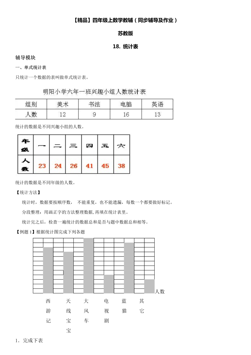 四年级数学上册  18 统计表同步辅导及作业（苏教版）