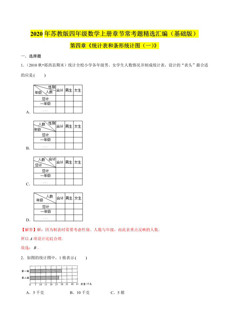 四年级数学上册  【精品】（基础版）第四章《统计表和条形统计图（一）》章节常考题精选汇编（解析版）（苏教版）