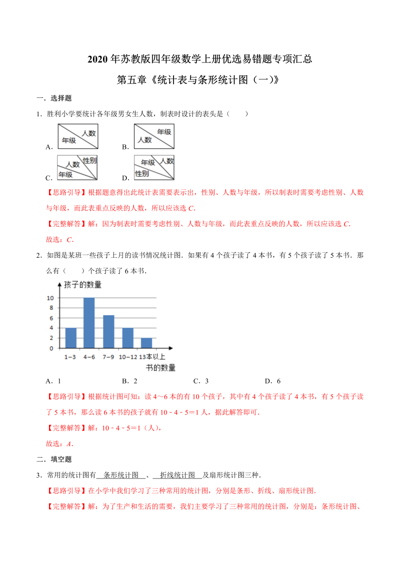 四年级数学上册  【易错笔记】第四章《统计表与条形统计图（一）》—优选易错题专项汇总（解析版）（苏教版）