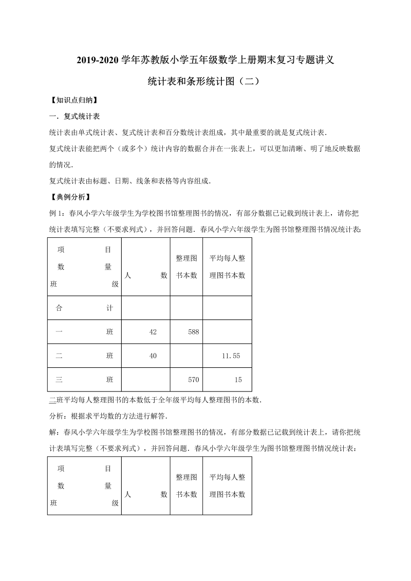 五年级数学上册  【精品原创】期末数学复习专题讲义（知识归纳+典例讲解+同步测试）统计表与条形统计图（二）   苏教版（含详解）（苏教版）