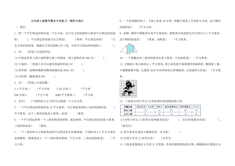 五年级数学上册  试题期末专项复习 图形与统计（含答案）苏教版（苏教版）