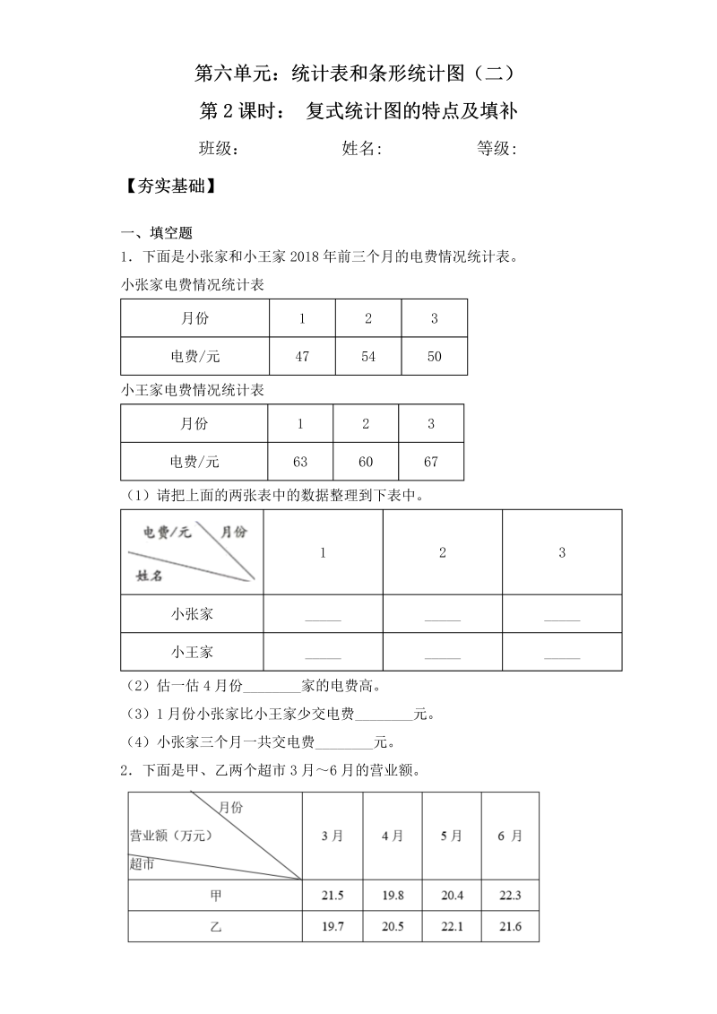 五年级数学上册  【课后天天练】6.2复式统计图的特点及填补一课一练（夯实基础+培优冲关）（苏教版）