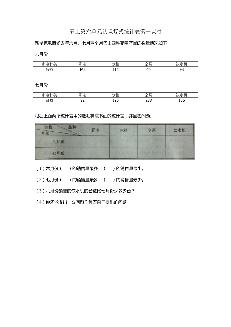 五年级数学上册  6.1 认识复式统计表（苏教版）