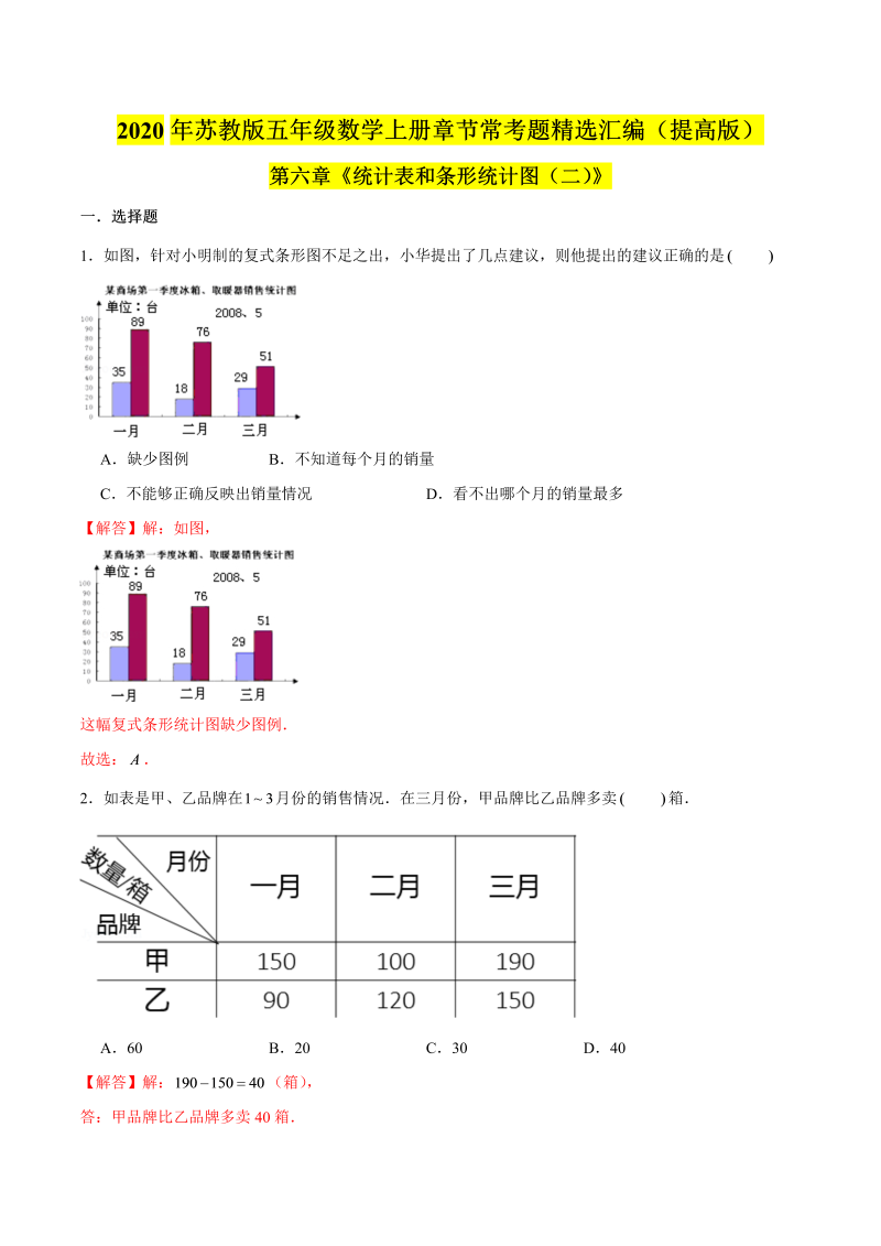 五年级数学上册  【精品】（提高版）第六章《统计表和条形统计图（二）》章节常考题精选汇编（解析版）苏教版（苏教版）