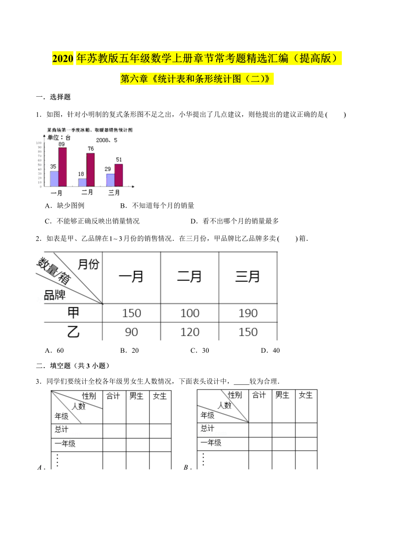 五年级数学上册  【精品】（提高版）第六章《统计表和条形统计图（二）》章节常考题精选汇编（原卷版）苏教版（苏教版）