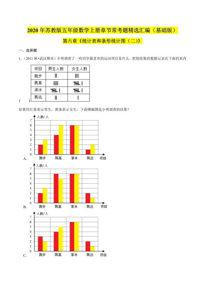 五年级数学上册  【精品】（基础版）第六章《统计表和条形统计图（二）》章节常考题精选汇编（原卷版）苏教版（苏教版）