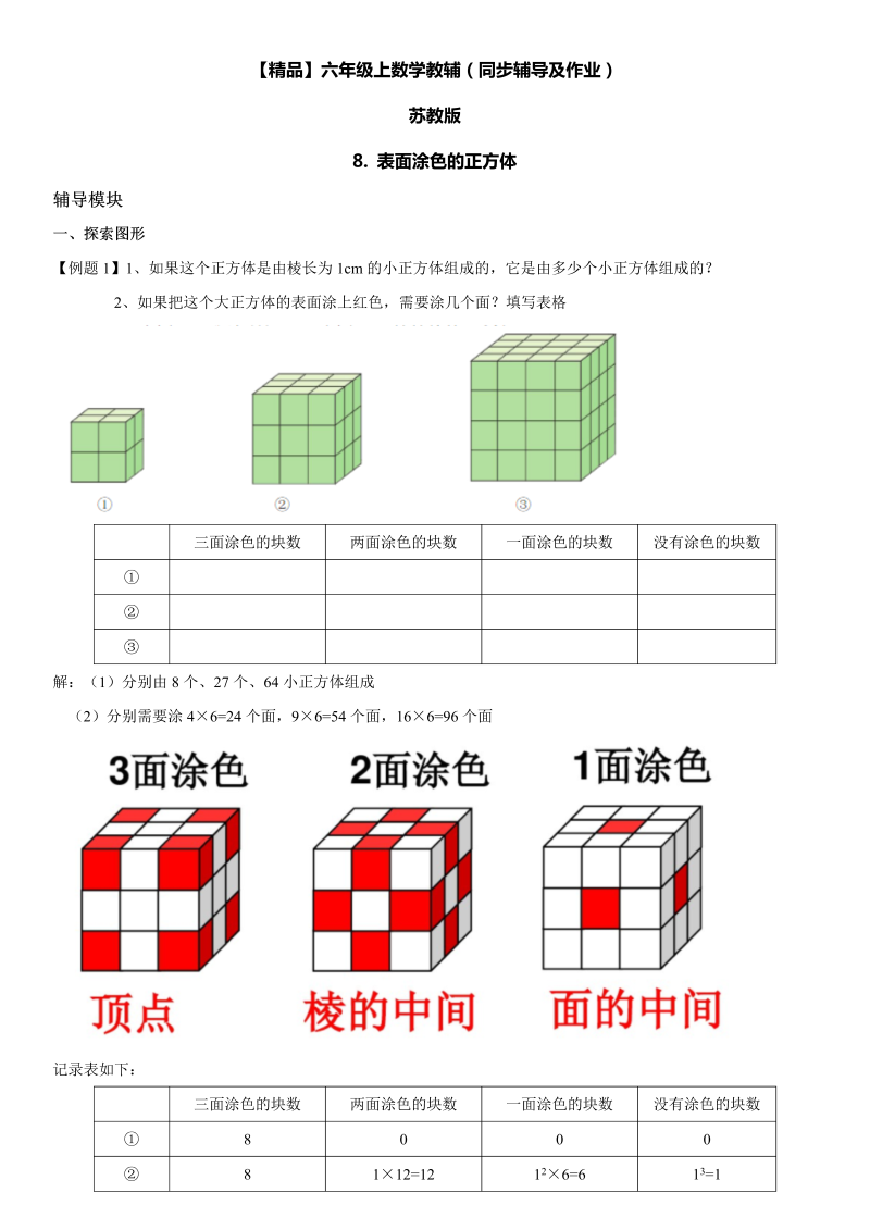 六年级数学上册  第01单元 长方体和正方体 8.表面涂色的正方体同步辅导及作业 （苏教版）