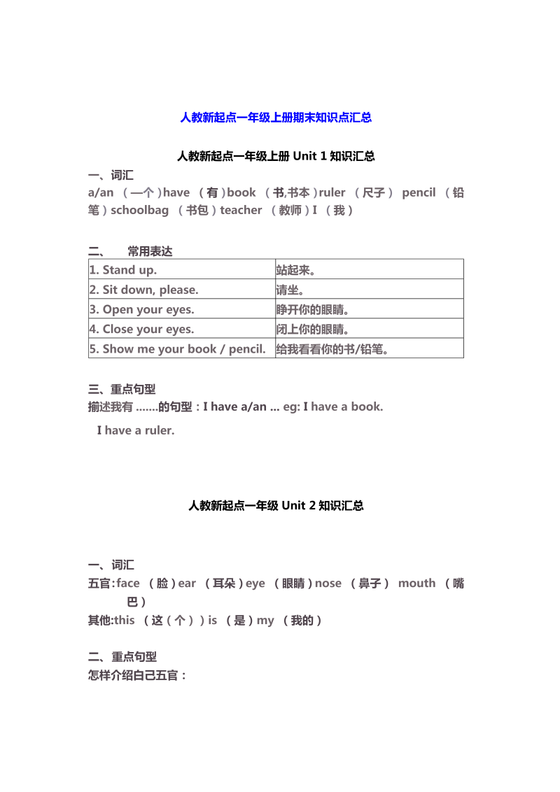 一年级英语上册  期末知识点汇总 6页（人教一起点）