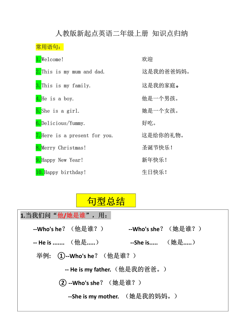 二年级英语上册   知识点汇总（人教版一起点）