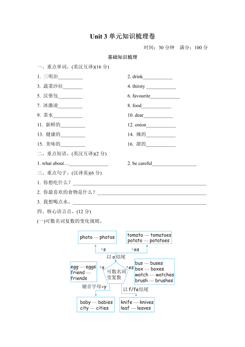 五年级英语上册  Unit 3单元知识梳理卷本（人教版PEP）