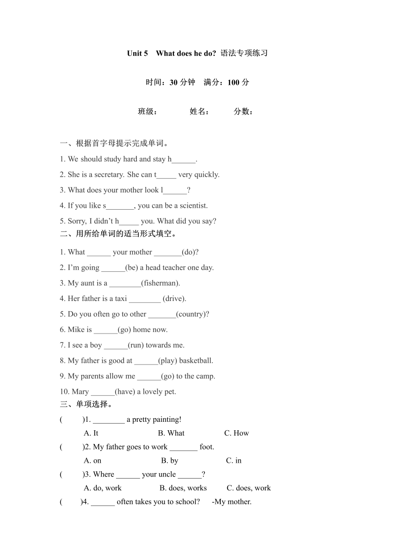 六年级英语上册  【核心语法】语法专训 Unit 5  What does he do （含答案）（人教版PEP）