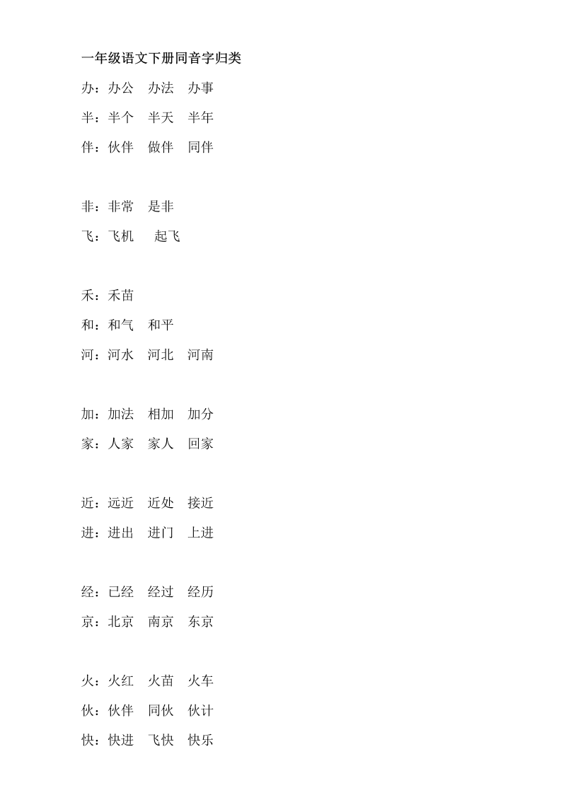 一年级语文下册  同音字归类（部编版）