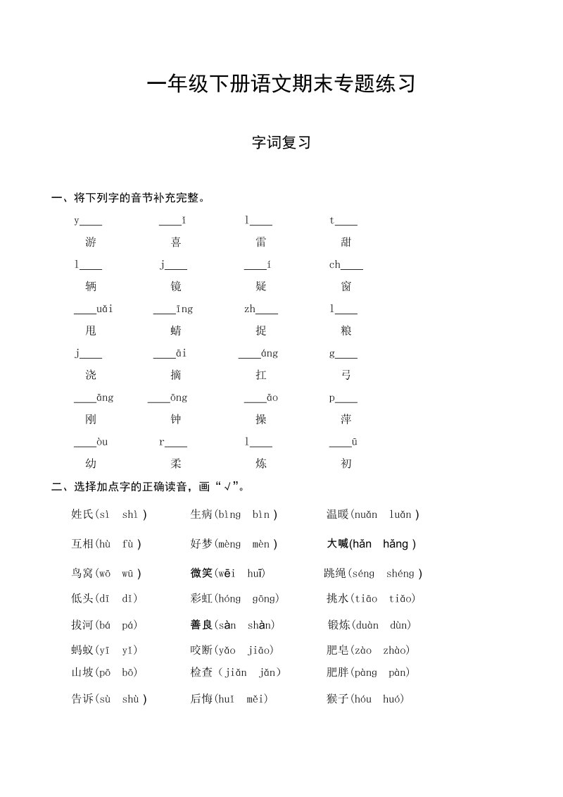 一年级语文下册  期末复习字词专项检测卷（含答案）（部编版）