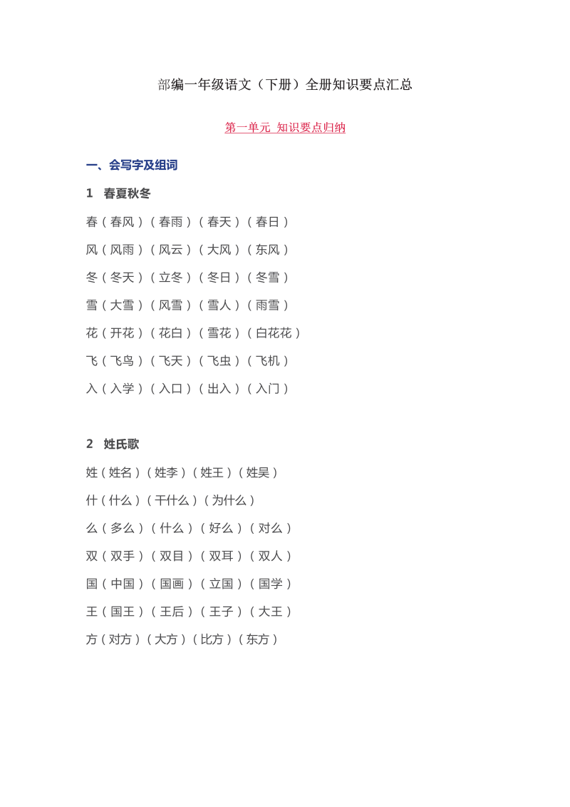 一年级语文下册  知识要点汇总（部编版）