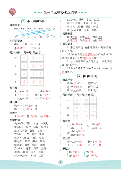 一年级语文下册  第三单元核心考点清单（部编版）