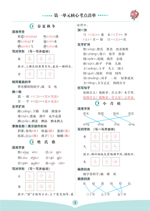 一年级语文下册  第一单元核心考点清单（部编版）