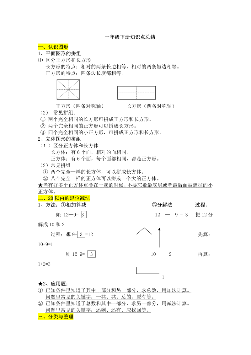 一年级数学下册  知识点总结（人教版）