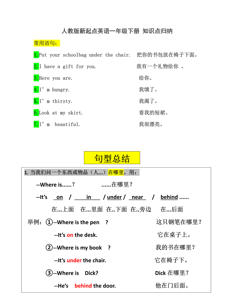 一年级英语下册  一起点知识点汇总