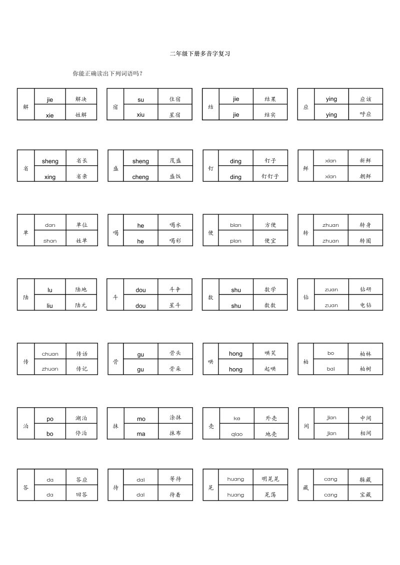 二年级语文下册  多音字复习（统编版）