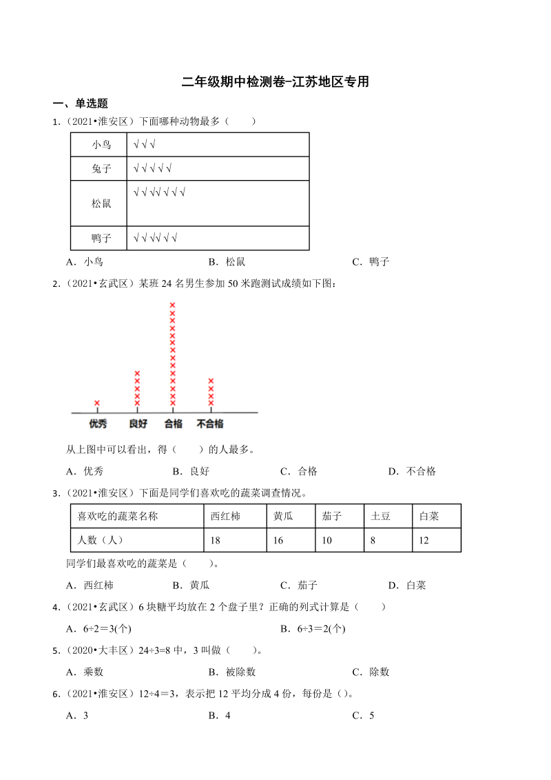 二年级数学下册  【江苏地区真题汇编】期中检测卷江苏地区专用（苏教版）