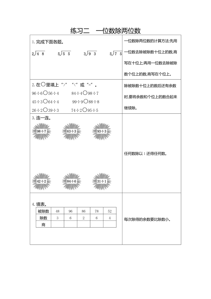 三年级数学下册  2 练习二 一位数除两位数（人教版）