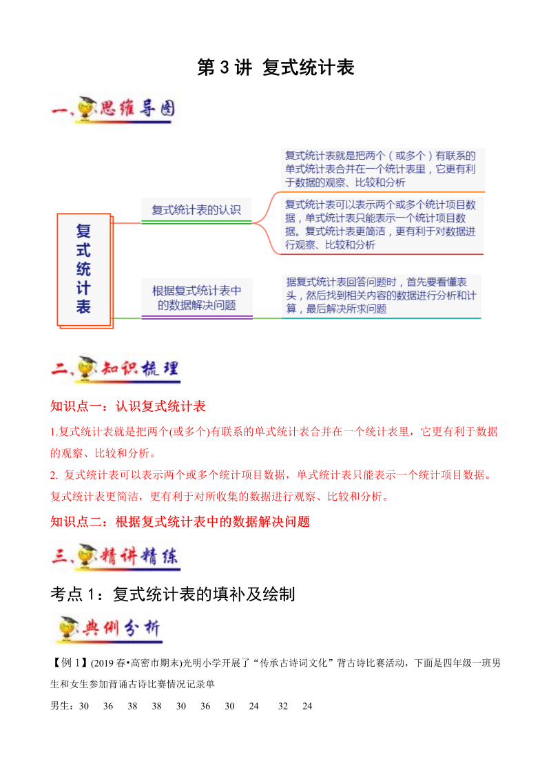 三年级数学下册  第3讲 复式统计表（学生版）（知识梳理+典例分析+举一反三+阶梯训练）（人教版）