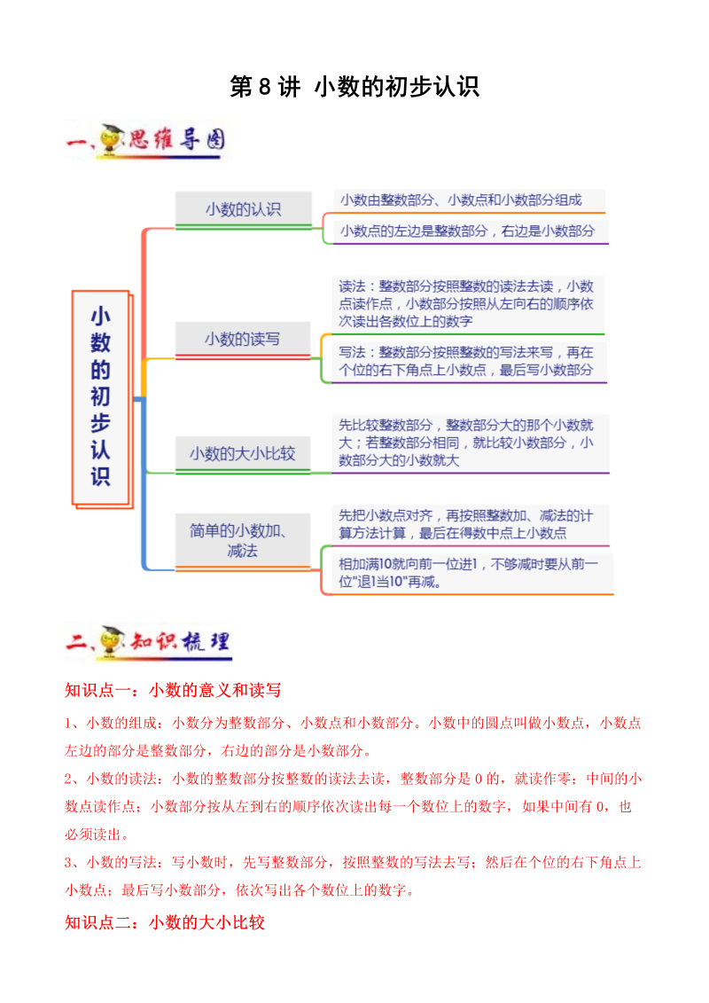 三年级数学下册  第8讲 小数的初步认识（教师版）（知识梳理+典例分析+举一反三+阶梯训练）（苏教版）