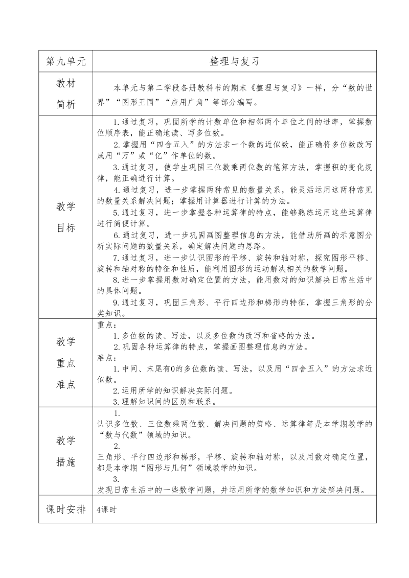 四年级数学下册  第九单元 教材分析（精品教案 苏教版）