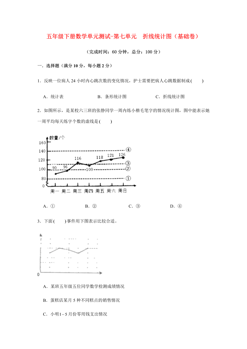 五年级数学下册  分层训练 单元测试 第七单元 折线统计图（基础卷） （含答案）（人教版）