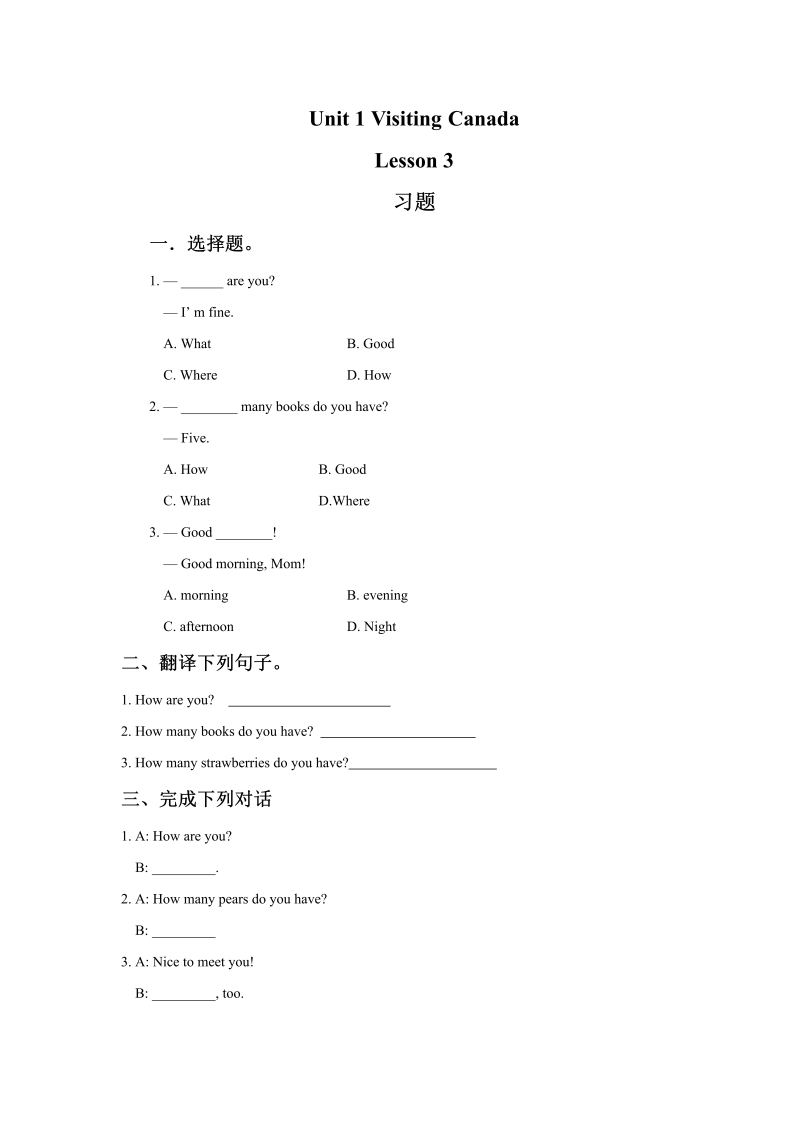 六年级英语下册  Unit 1 Visiting Canada Lesson 3 习题（人教一起点）