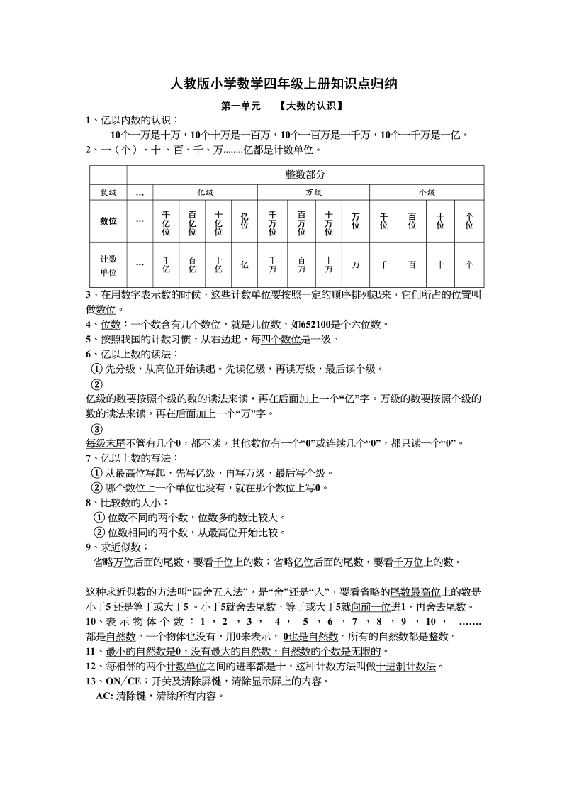 四年级数学上册知识点归纳总结（人教版）