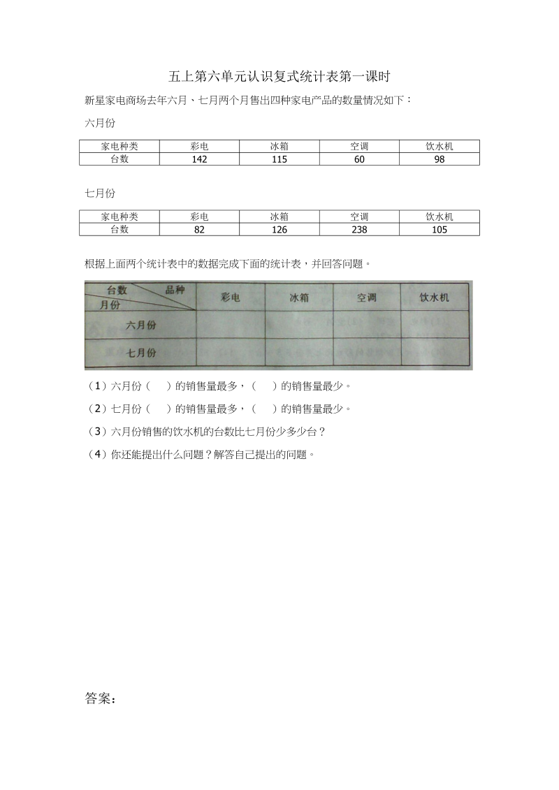 五年级数学上册6.1认识复式统计表（苏教版）