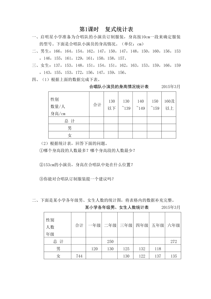 五年级数学上册第1课时复式统计表（苏教版）