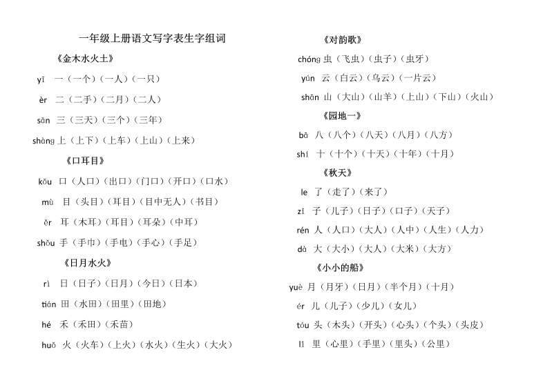 一年级语文上册上写字表生字组词（部编版）